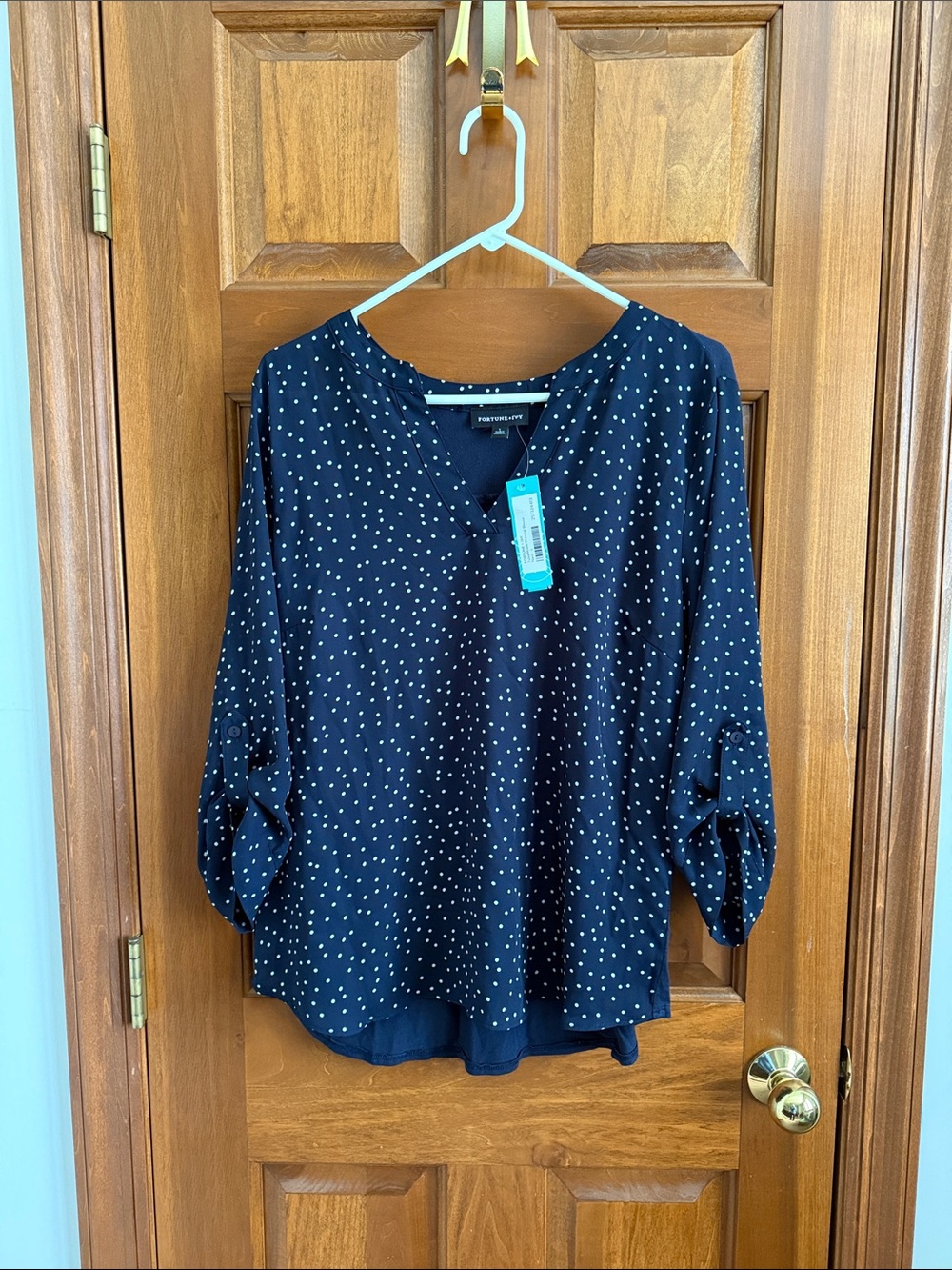 Polka Dot Navy Split-Neck Roll-Sleeve Blouse